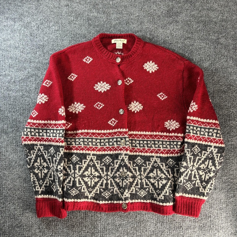 Vintage Eddie Bauer Sweater Womens Large Red Fair Isle Wool Alpaca‎ Cardigan